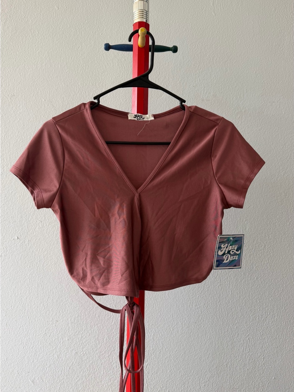 Hazy Daze Mauve Pink Short Sleeve Wrap Front Tie Crop Top NWT Large